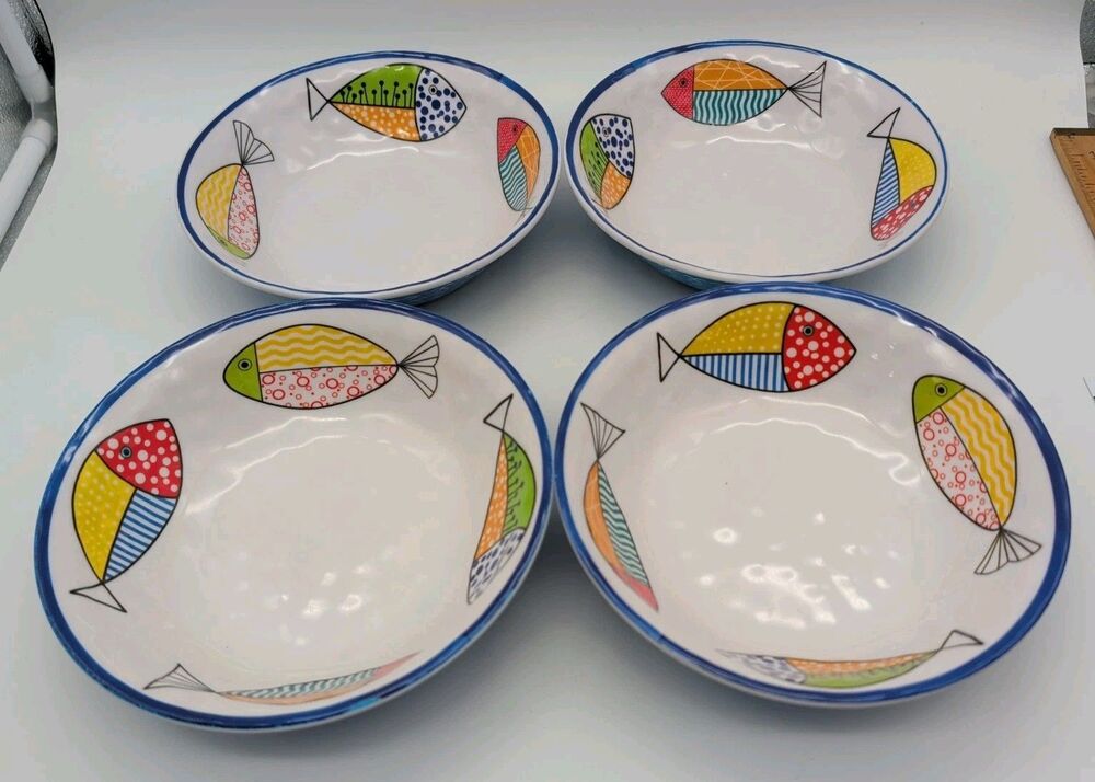 Melamine Bowls Set of 4 Fish  Ocean Coastal Beach Camper RV Tropical Summer